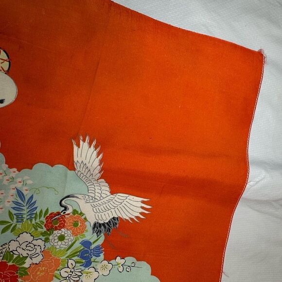 Vintage Japanese Silk Square handkerchief of Gosho doll flower cart and crane - Picture 5 of 9